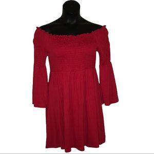 Red Shirred Fit and Flare Off Shoulder Dress